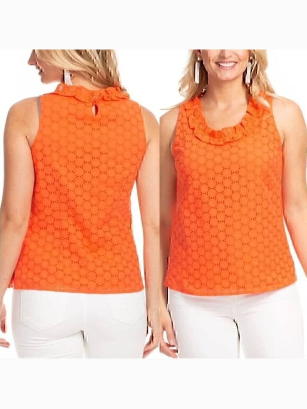 DUFFIELD LANE Rennie Top Coral Orange Eyelet Sleeveless 100% Cotton Tank Blouse